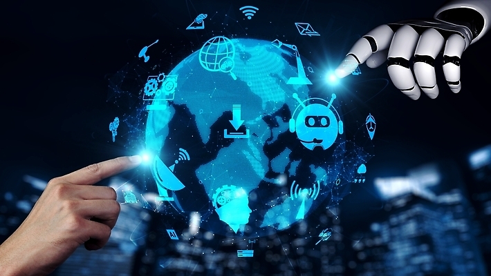 포토 해외이미지 손 화살표 비즈니스 통신 미래 신체부위 파란색 지구본 스크린 모니터 기계 터치 가리킴 로봇 톱니바퀴 전파 AI_인공지능 해외202310 해외포토 AI파일 컬러 컨셉 사람 손짓 컴퓨터 파일형식 벡터