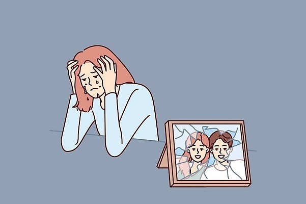 EPS 해외이미지 부부 커플 여자 남자 액자 일러스트 가족 남편 앉기 성인 세명 손상 고통 슬픔 아내 이별 눈물 깨짐 성인만 해외202310 해외일러스트 감정 컨셉 관계 모션 사람 파일형식 벡터