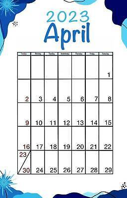 EPS 해외이미지 템플릿 디자인 패턴 일러스트 새해 사람없음 세로 파란색 다이어리 달력 일주일 4월 심플 일요일 월 벡터 부족함 해외202310 해외일러스트 컬러 컨셉 무늬 사무용품 날짜 요일 파일형식