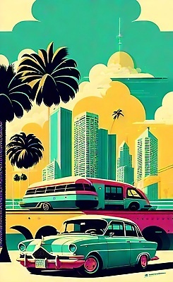 JPG 해외이미지 포스터 도로 여행 일러스트 자동차 사람없음 건물 야자수 태양 도시 빈티지 복고 마이애미 해외202310 해외일러스트 자연요소 나무 건축물 길 육상교통 컨셉 교통시설 파일형식