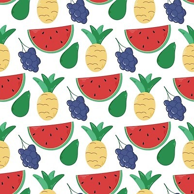 EPS 해외이미지 음식 백그라운드 패턴 과일 일러스트 포장 벽지 포도 수박 그래픽 컬러풀 덮개 직물 신선 그리기 인쇄 만화 포장지 파인애플 유기농 아보카도 건강식 이국적 벡터 반복 해외202310 해외일러스트 웰빙 컬러 무늬 모션 뚜껑 열대과일 파일형식