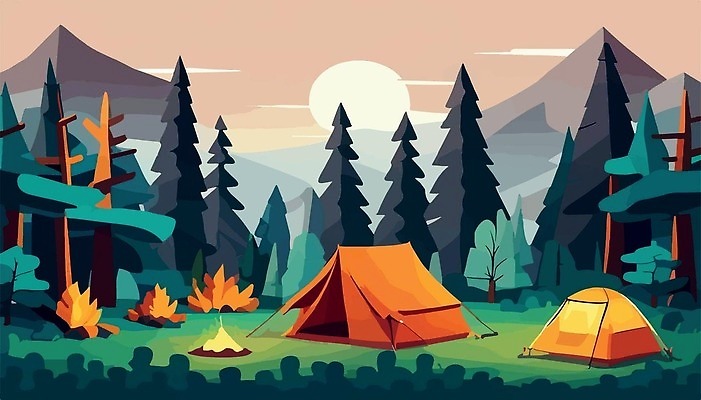 EPS 해외이미지 나무 일러스트 산 텐트 사람없음 야외 일몰 캠핑 숲 모닥불 해외202310 해외일러스트 식물 불 레저 캠핑도구 노을 파일형식 벡터