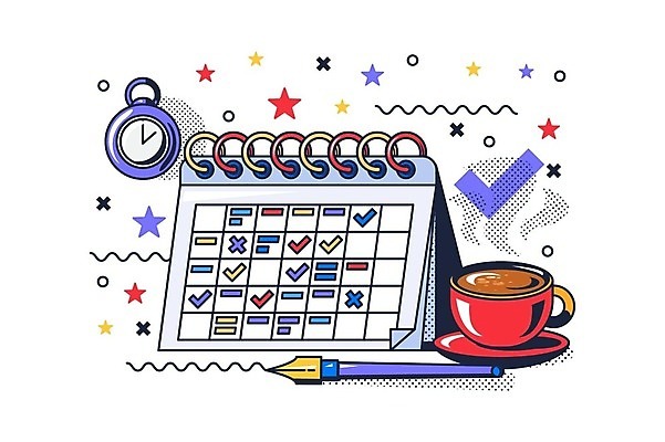 EPS 해외이미지 디자인 일러스트 사람없음 펜 달력 커피잔 체크표시 기하학 스톱워치 해외202310 해외일러스트 커피 시계 무늬 잔 필기구 확인 파일형식 벡터