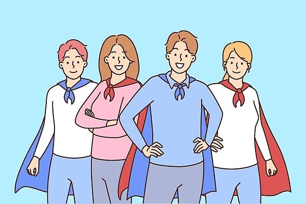 EPS 해외이미지 여자 남자 허리손 일러스트 비즈니스 여러명 상반신 성인 팔짱 망토 슈퍼히어로 성인만 해외202310 해외일러스트 포즈 다수 모션 사람 영웅 파일형식 벡터