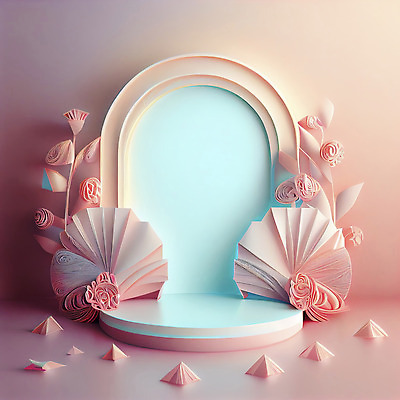 포토 JPG 해외이미지 꽃 분홍색 하늘색 백그라운드 사람없음 3D 단상 파스텔톤 포디움 해외202310 해외포토 식물 컬러 파란색 무대 디지털합성 파일형식