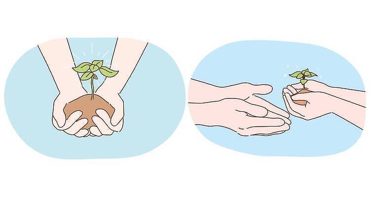 EPS 해외이미지 손 화초 하늘색 일러스트 자연 들기 신체부위 흙 풀잎 주기 원예 해외202310 해외일러스트 식물 잎 모션 사람 취미 파란색 풀_식물 생태계 파일형식 벡터