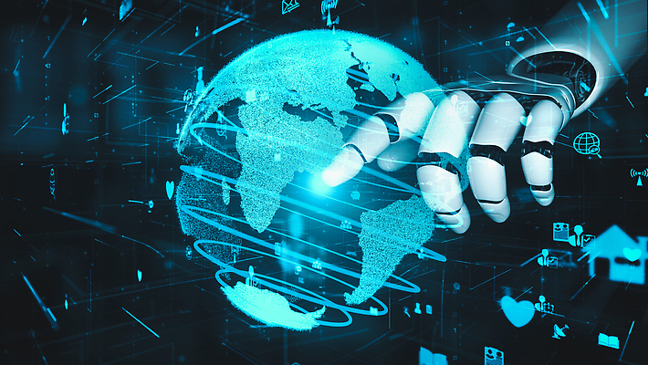 JPG 해외이미지 손 일러스트 미래 기술 신체부위 파란색 지구본 3D 디지털 터치 가리킴 네트워크 로봇 해외202310 해외포토 포토 컬러 컨셉 사람 손짓 디지털합성 파일형식