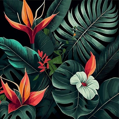 EPS 해외이미지 일러스트 검은배경 사람없음 야자수잎 몬스테라 열대꽃 열대잎 트로피컬아트 해외202310 해외일러스트 식물 꽃 백그라운드 잎 검은색 그림 파일형식 벡터