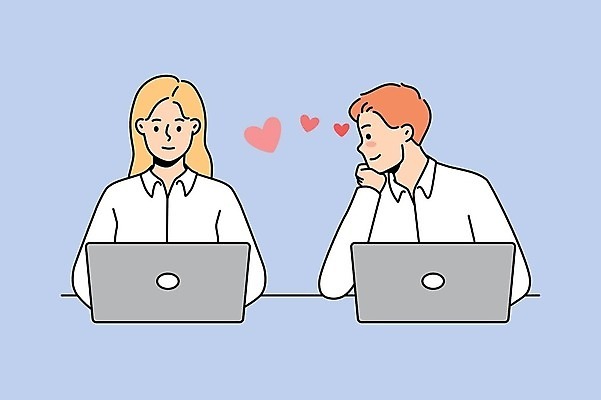 EPS 해외이미지 여자 남자 와이셔츠 일러스트 비즈니스 사랑 성인 두명 노트북 하트 사내연애 성인만 해외202310 해외일러스트 모양 감정 셔츠 사람 전자제품 파일형식 벡터