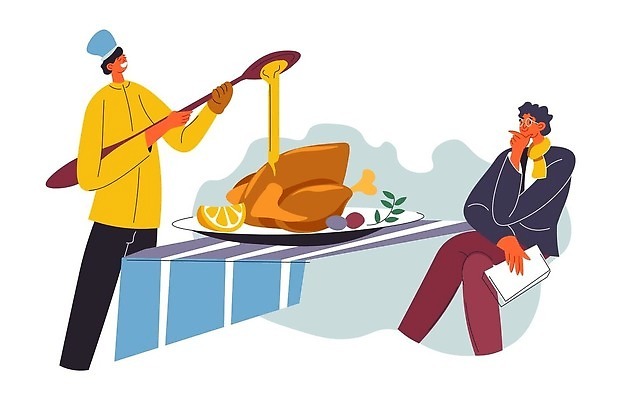 EPS 해외이미지 남자 일러스트 성인 두명 숟가락 요리사 식사 통닭 다리꼬기 붓기 성인남자만 해외202310 해외일러스트 직업 모션 수저 사람 치킨 남자만 성인만 파일형식 벡터