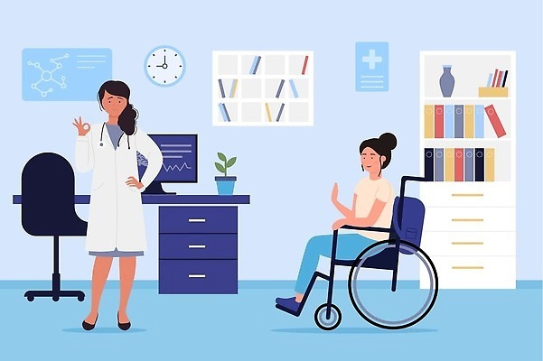 EPS 해외이미지 전신 식물 여자 화분 시계 허리손 의자 일러스트 의학 책장 병원 앉기 성인 두명 책 모니터 환자 의사 OK 책상 휠체어 성인여자만 해외202310 해외일러스트 포즈 가구 모션 사람 손짓 컴퓨터 의료진 여자만 성인만 파일형식 벡터