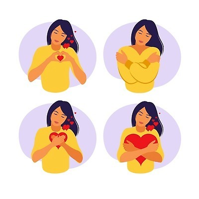 EPS 해외이미지 여자 일러스트 안기 포옹 사랑 들기 손짓 여러명 상반신 성인 눈감음 하트 손하트 성인여자만 자존감 자기애 해외일러스트 모양 감정 다수 모션 사람 여자만 성인만 파일형식 벡터