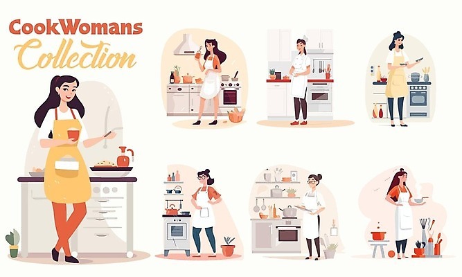 EPS 해외이미지 전신 여자 일러스트 요리 여러명 성인 요리사 앞치마 성인여자만 해외202310 해외일러스트 직업 다수 사람 여자만 성인만 파일형식 벡터