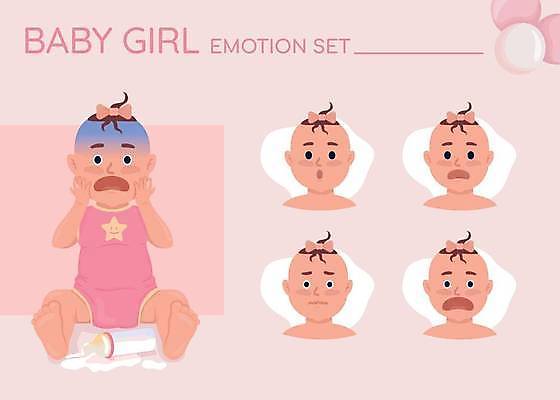 해외이미지 전신 여자 얼굴 인물캐릭터 여러명 놀람 아기 젖병 걱정 흘림 여자아기만 해외202310 캐릭터 감정 다수 모션 표정 사람 신체부위 아기용품 여자만 아기만