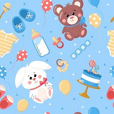 EPS 해외이미지 패턴 일러스트 사람없음 파란색 반짝임 케이크 곰인형 아기용품 노리개젖꼭지 아기신발 풍선 유아복 토끼인형 마라카스 해외202310 해외일러스트 옷 인형 컬러 신발 무늬 모션 디저트 타악기 토끼 오브젝트 파일형식 벡터