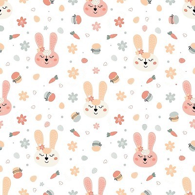 EPS 해외이미지 꽃 백그라운드 잎 패턴 일러스트 사람없음 귀여움 계란 당근 하트 컵케이크 토끼캐릭터 해외202310 해외일러스트 모양 식물 동물캐릭터 컨셉 무늬 뿌리채소 케이크 알 토끼 파일형식 벡터