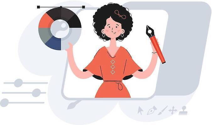 EPS 해외이미지 여자 교육 일러스트 한명 들기 상반신 성인 학습 만년필 원형 스마트 원그래프 성인여자한명만 해외202310 해외일러스트 도형 1 컨셉 모션 그래프 사람 펜 여자한명만 성인여자만 파일형식 벡터