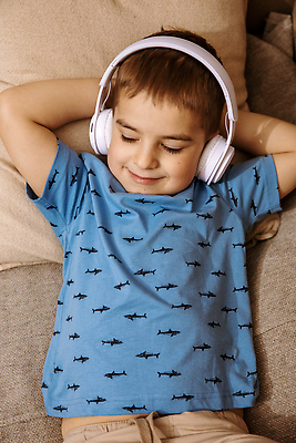 포토 JPG 해외이미지 백인 라이프스타일 교육 행복 어린이 음악 인터넷 통신 휴식 주택 한명 사람 소년 책 세로 파란색 빛 디지털 헤드폰 유치원 듣기 흰색 연결 오디오 온라인 해외202310 해외포토 서양인 1 남자 감정 컬러 음향기기 컨셉 모션 문화예술 건물 생활 전자제품 파일형식