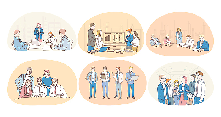 EPS 해외이미지 전신 여자 남자 커피 일러스트 비즈니스 회의 그래프 들기 정장 여러명 상반신 성인 노트북 팔짱 공책 문서 성인만 해외202310 해외일러스트 옷 음료 다수 모션 문구용품 사람 전자제품 파일형식 벡터