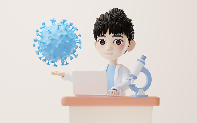 JPG 해외이미지 응시 여자 현미경 한명 상반신 성인 노트북 3D 의사가운 바이러스 연구원 책상 성인여자한명만 해외202310 해외포토 포토 직업 1 시선 가구 실험기구 사람 전자제품 의사 가운 디지털합성 여자한명만 성인여자만 파일형식