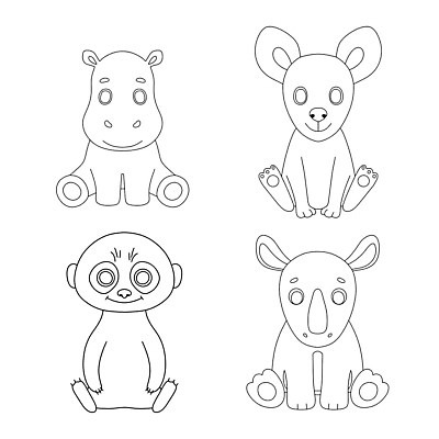 EPS 해외이미지 동물 야생동물 어린이 선 일러스트 아프리카 동물원 앉기 책 세트 갈색 흰색 아기 개 만화 스케치 사파리 흰배경 그림 윤곽 손그림 페이지 하마 코뿔소 고립 미어캣 해외202310 해외일러스트 나라 컬러 백그라운드 포유류 모션 미술 사람 파일형식 벡터