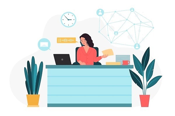 EPS 해외이미지 여자 말풍선 의자 일러스트 한명 앉기 상반신 성인 노트북 업무 비즈니스우먼 책상 성인여자한명만 해외202310 해외일러스트 1 가구 비즈니스 모션 사람 전자제품 작업 직장인 여자한명만 성인여자만 파일형식 벡터