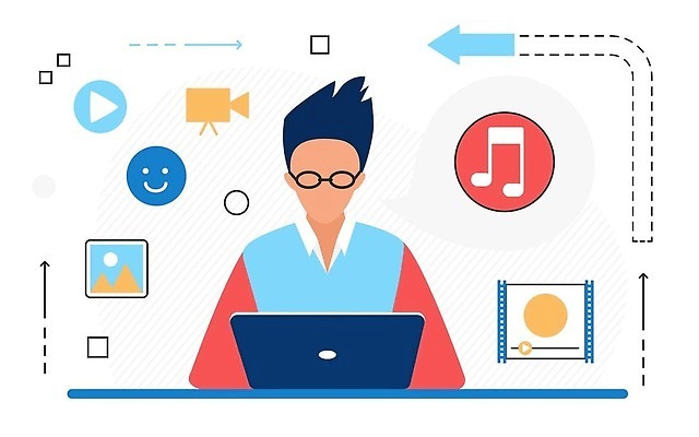 EPS 해외이미지 남자 화살표 음악 일러스트 비즈니스 사진 한명 상반신 성인 노트북 비디오 성인남자한명만 안경낌 해외202310 해외일러스트 1 안경 문화예술 사람 전자제품 남자한명만 성인남자만 파일형식 벡터