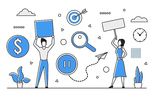 EPS 해외이미지 전신 여자 남자 일러스트 비즈니스 성인 두명 파란색 디지털 정보 업무 표지판 스마트 종이비행기 분석 온라인 경영 데이터베이스 인터페이스 해외202310 해외일러스트 컬러 컨셉 알림판 사람 작업 종이접기 파일형식 벡터