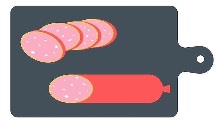 EPS 해외이미지 분홍색 조각 일러스트 단면 도마 생고기 육류 사람없음 신선 페퍼로니 해외202310 해외일러스트 컬러 식재료 주방용품 소시지 파일형식 벡터