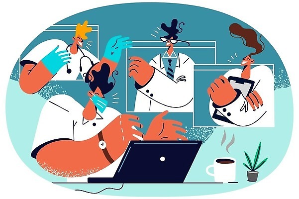 EPS 해외이미지 직업 캐릭터 남자 인터넷 일러스트 통신 회의 함께함 병원 말하기 대화 사람 노트북 컴퓨터 약 디지털 스크린 웹 의사 업무 토론 만화 동료 그림 윤곽 부름 멀리 온라인 동영상 소통 이슈 조언 치료사 헬프 화상통화 가상 벡터 해외202310 해외일러스트 일러캐릭터 컨셉 비즈니스 의학 관계 모션 전자제품 의료진 작업 도움 통화 파일형식