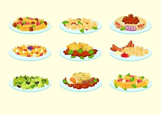 EPS 해외이미지 일러스트 치즈 파스타 사람없음 계란 미트볼 바질 토마토소스 파스타면 소세지빵 해외202310 해외일러스트 음식 빵 유제품 서양음식 알 면류 소스_음식 파일형식 벡터