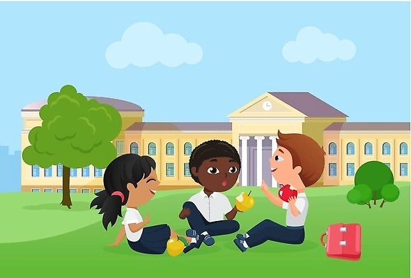 EPS 해외이미지 나무 백인 학생 여자 교육 남자 어린이 흑인 일러스트 하늘 책가방 들기 앉기 소년 세명 소풍 스쿨라이프 사과 어린이만 해외202310 해외일러스트 서양인 식물 라이프스타일 가방 과일 학교 모션 사람 야외활동 파일형식 벡터