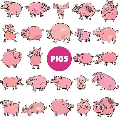 EPS 해외이미지 클립아트 동물 캐릭터 디자인 행복 분홍색 일러스트 미소 그래픽 세트 농장 가축 우정 돼지 유머 큼 만화 수집 그림 주둥이 마스코트 캐리커처 벡터 해외202310 해외일러스트 일러캐릭터 감정 컬러 농업 포유류 표정 친구 크기 파일형식