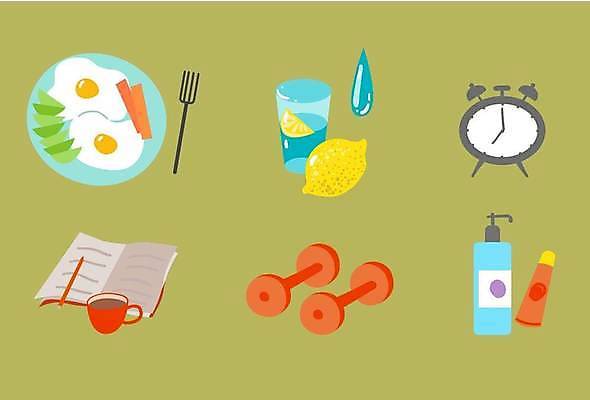 EPS 해외이미지 무료이미지 라이프스타일 커피 일러스트 건강 사람없음 일상 책 세트 아령 자명종 아침식사 커피잔 레몬 물컵 오브젝트 치약 샴푸 해외202310 해외일러스트 음료 시계 과일 잔 라이프 생활 컵 위생용품 식사 알람 파일형식 벡터 무료콘텐츠
