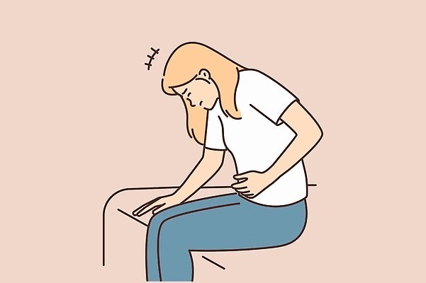 EPS 해외이미지 여자 일러스트 한명 앉기 성인 배탈 복통 식중독 위염 성인여자한명만 해외202310 해외일러스트 1 모션 사람 질병 염증 여자한명만 성인여자만 파일형식 벡터