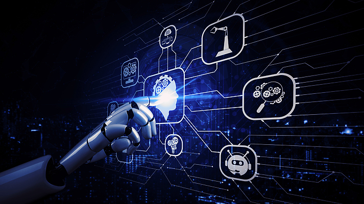 JPG 해외이미지 손 일러스트 돋보기 미래 기술 신체부위 파란색 3D 디지털 터치 가리킴 네트워크 로봇 톱니바퀴 해외202310 해외포토 포토 컬러 컨셉 사람 손짓 디지털합성 파일형식