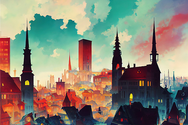 JPG 해외이미지 일러스트 하늘 빌딩 사람없음 컬러풀 도시 분위기 해외202310 해외일러스트 컬러 컨셉 건물 파일형식