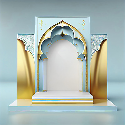 포토 JPG 해외이미지 건축물 하늘색 백그라운드 사람없음 3D 금색 모스크 단상 해외202310 해외포토 건축 컬러 파란색 이슬람교 디지털합성 파일형식