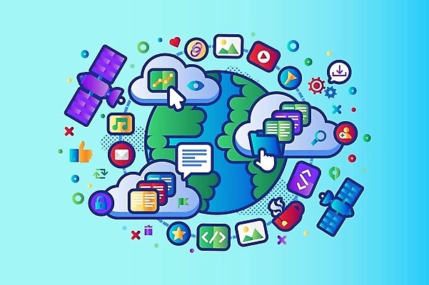 EPS 해외이미지 디자인 지구 말풍선 일러스트 사람없음 인공위성 찻잔 클릭 구름모양 클라우드서비스 해외202310 해외일러스트 모양 통신 잔 서비스 파일형식 벡터 구름_자연