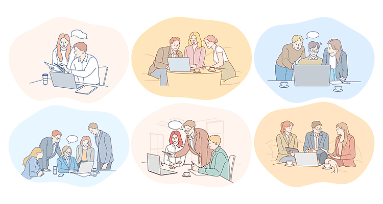 EPS 해외이미지 여자 남자 커피 말풍선 의자 일러스트 비즈니스 회의 앉기 여러명 상반신 성인 노트북 태블릿 공책 커피잔 책상 성인만 해외202310 해외일러스트 음료 가구 다수 모션 문구용품 잔 사람 전자제품 스마트기기 파일형식 벡터