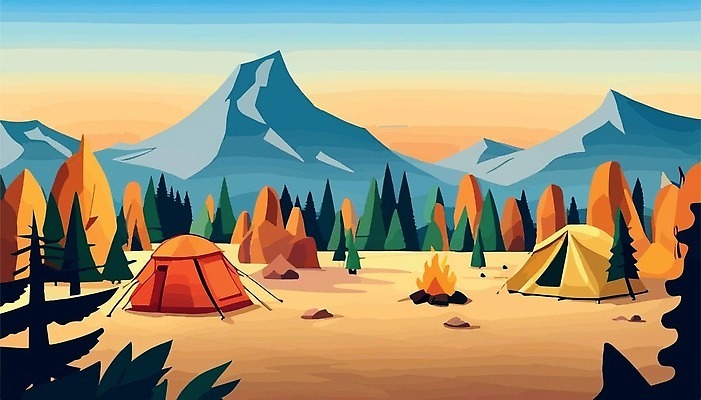 EPS 해외이미지 일러스트 단풍나무 산 텐트 사람없음 야외 캠핑 숲 모닥불 해외202310 해외일러스트 나무 단풍 불 레저 캠핑도구 파일형식 벡터