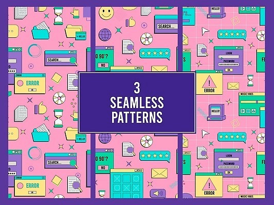 EPS 해외이미지 디자인 분홍색 패턴 일러스트 사람없음 컴퓨터 세트 패턴백그라운드 빈티지 메시지 알림 복고 과거 시스템 프로그램 키치 해외202310 해외일러스트 컬러 백그라운드 컨셉 무늬 전자제품 파일형식 벡터