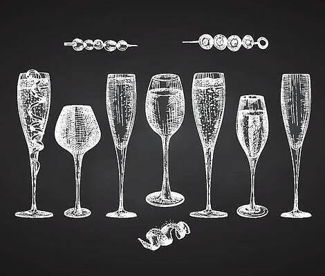 EPS 해외이미지 리본 일러스트 종류 사람없음 세트 다양 빈티지 꼬치 샴페인 스케치 메뉴 샴페인잔 손그림 해외202310 해외일러스트 다수 컨셉 술잔 주류 미술 파일형식 벡터