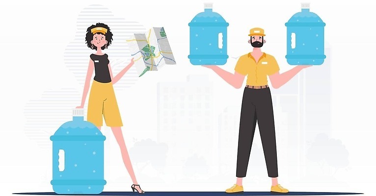 EPS 해외이미지 여자 남자 지도 일러스트 들기 성인 두명 물 노란색 기댐 신선 물통 배송 성인만 해외202310 해외일러스트 자연요소 컬러 모션 사람 파일형식 벡터