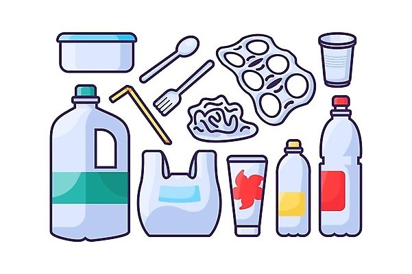 EPS 해외이미지 디자인 포크 일러스트 비닐봉투 빨대 사람없음 숟가락 쓰레기 플라스틱 페트병 비닐 해외202310 해외일러스트 식기 재질 봉투 수저 병_담는 파일형식 벡터