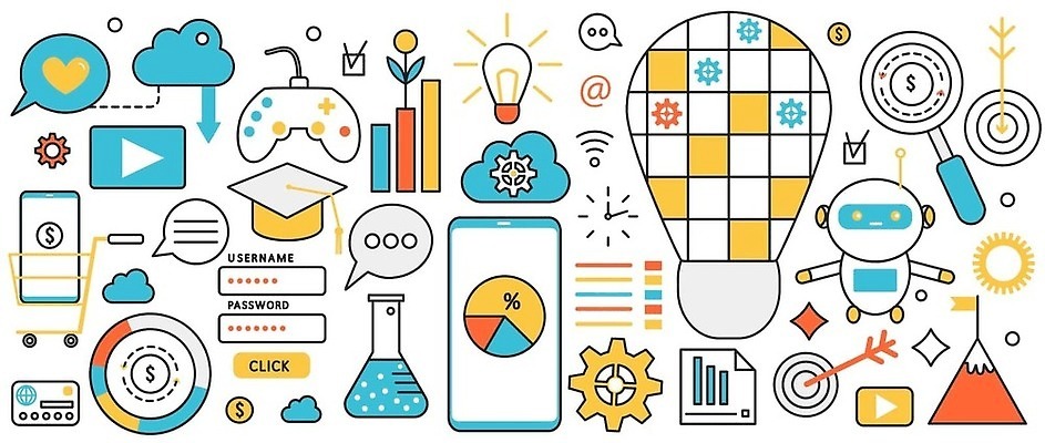 EPS 해외이미지 교육 말풍선 일러스트 학사모 전구 돋보기 그래프 스마트폰 로봇 플라스크 구름모양 오락기계 해외202310 해외일러스트 모양 모자_잡화 졸업 실험기구 핸드폰 스마트기기 파일형식 벡터 구름_자연