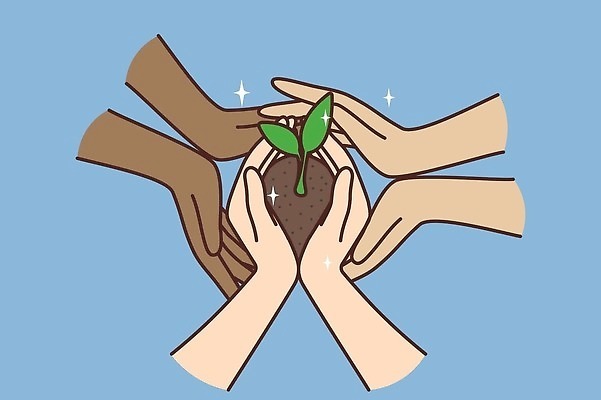 EPS 해외이미지 무료이미지 손 잎 일러스트 자연 들기 새싹 환경 보호 다인종 다민족 모종 해외202310 해외일러스트 식물 컨셉 모션 인종 신체부위 생태계 파일형식 벡터 무료콘텐츠