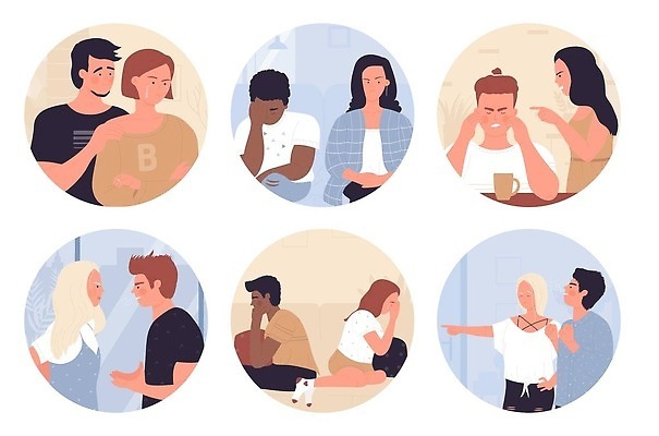 EPS 해외이미지 커플 여자 남자 일러스트 여러명 상반신 성인 분노 가리킴 눈물 싸움 갈등 성인만 해외202310 해외일러스트 감정 다수 관계 모션 사람 손짓 파일형식 벡터