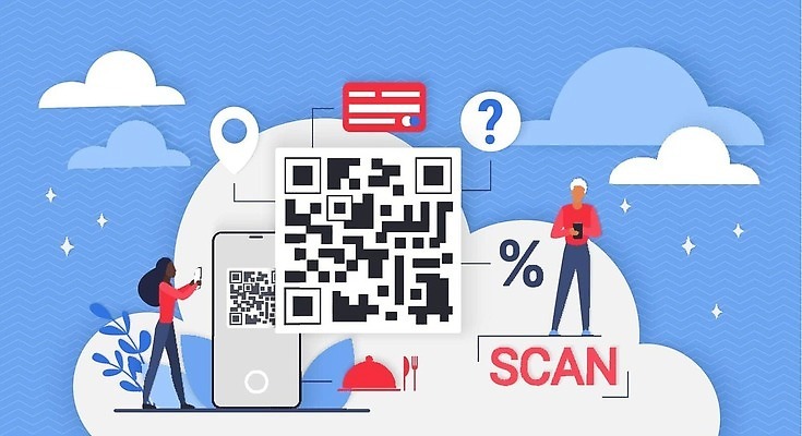 EPS 해외이미지 여자 남자 일러스트 들기 성인 두명 파란색 스마트폰 디지털 구매 연결 스마트 온라인 QR코드 스캔 성인만 해외202310 해외일러스트 컬러 컨셉 모션 사람 핸드폰 스마트기기 쇼핑 파일형식 벡터