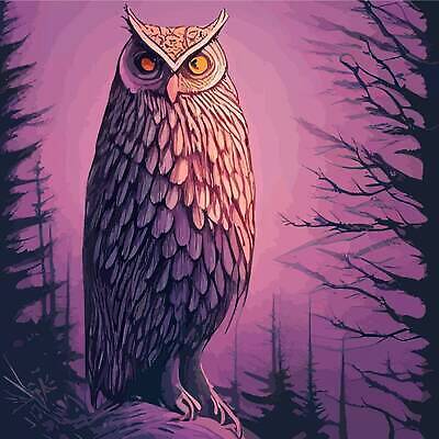 EPS 해외이미지 나무 야생동물 일러스트 사람없음 보라색 야간 숲 부엉이 해외202310 해외일러스트 자연요소 식물 동물 컬러 조류 파일형식 벡터